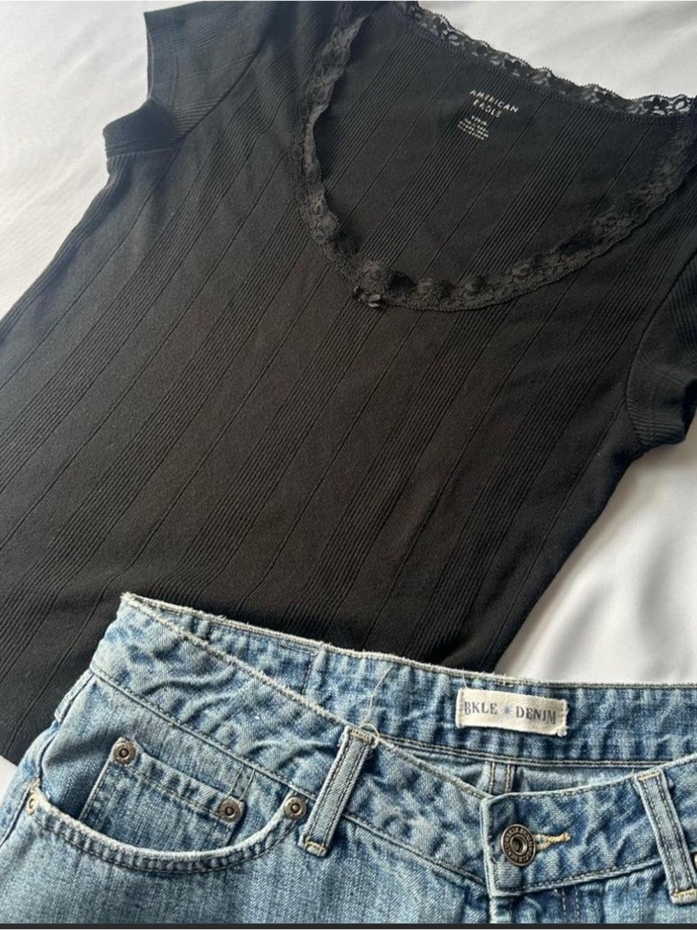 American Eagle Outfitters Black Ribbed Lace-Trim Scoop Neck Top
